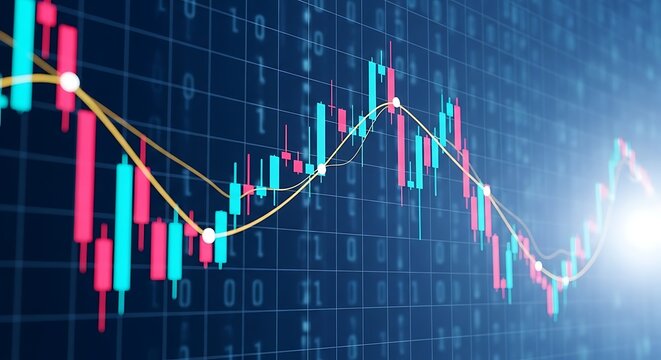 Financial stock market trading graph with data analysis and binary code background, representing investment trends and economic performance - Powered by Adobe
