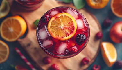 Refreshing Sangria With Ice, Citrus Slices, And Apple Slice On Top, Served On Wood Board With Fresh Berries And Citrus Fruits.
