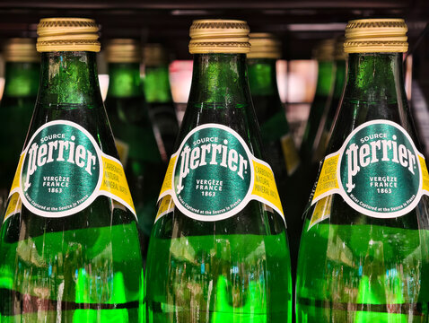 Shanghai,China-Sep.7th 2025: Perrier sparkling water bottles with brand logo