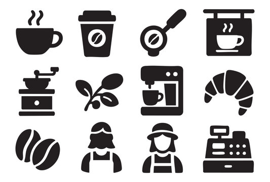 stylized icons related to coffee and cafes. Each icon is designed in a minimalist black and white style.