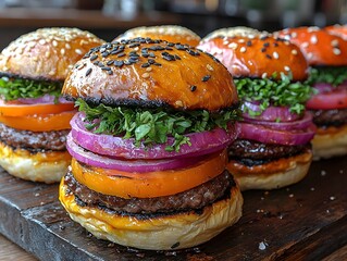 Freshly prepared gourmet burgers stacked with vibrant toppings on a rustic wooden board