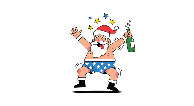 Drunk santa claus wearing star underwear celebrates holidays merrily