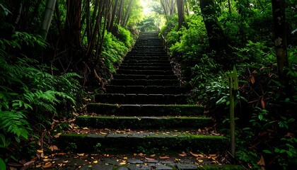 Mossy stone steps ascending into a lush forest