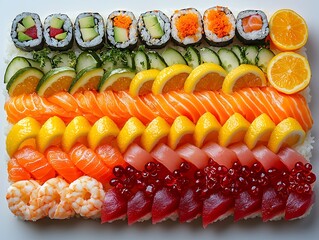 A vibrant and colorful platter of assorted sushi and sashimi artfully arranged with fresh ingredients
