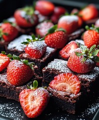 Photos of chocolate cakes with fresh strawberries and delicious frosting, authentic and luxurious style