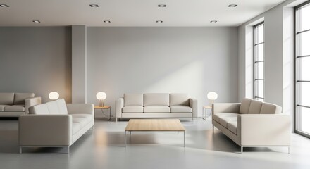 Modern minimalist living room with natural light and furniture.