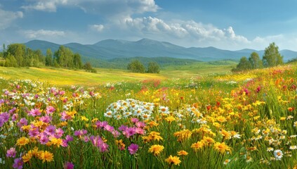 Colorful meadow landscape under a partly cloudy sky