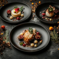 Seafood dish photo with scallops and attractive sauce for restaurant in dark tones, authentic and luxurious style
