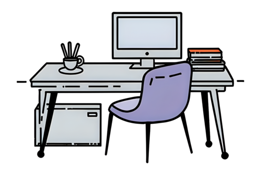 A clean, minimalist line illustration of a modern workspace with a computer monitor, desk chair, and books, representing productivity, remote work, study, and a tidy office environment.