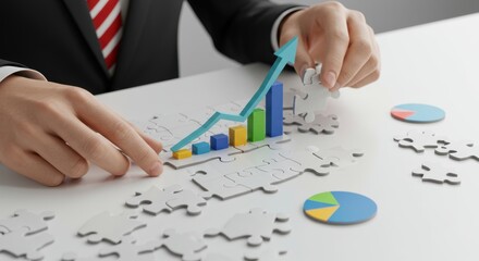 Hands Assembling Puzzle with Colorful Growth Chart on White Table