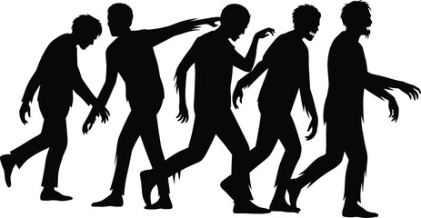 Silhouette of five walking zombies in different poses with torn clothes and eerie expressions vector illustration for Halloween horror