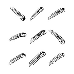 Utility Knife Box Cutter - Hand-Drawn Tool Illustration Set