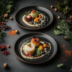 Seafood dish photo with scallops and attractive sauce for restaurant in dark tones, authentic and luxurious style