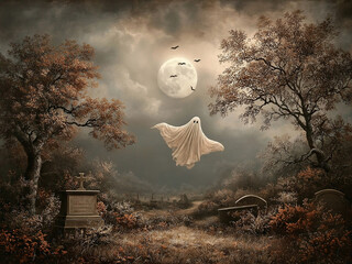Halloween Flying Ghost & Full Moon Wall Art