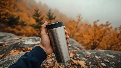 Tourist enjoying a hot coffee in the autumn wilderness, surrounded by bright yellow leaves, holding a stainless steel cup. For National Coffee Day and World Tourism Day, embracing nature and adventure