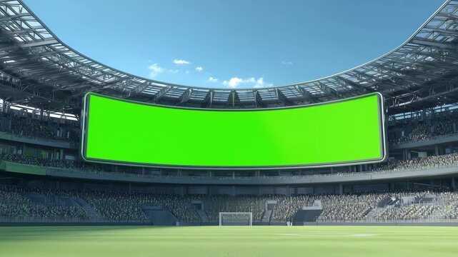 A football stadium features a large green screen above the soccer field, ready for translation of an important sport event