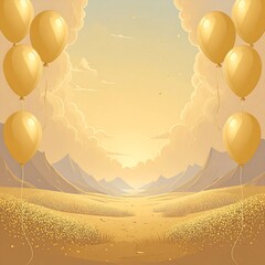 Golden desert landscape with balloons, sunrise