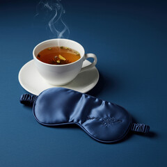 Aromatic herbal tea steams gently beside smooth sleeping mask, promising serene and restful night with its calming blue hue