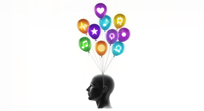 Silhouette of a human head with a cluster of colorful balloons featuring social media and communication icons floating upwards, representing ideas and digital connection, isolated on white background