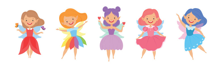 Cute Girl Fairy with Wings and Pretty Dress Vector Set