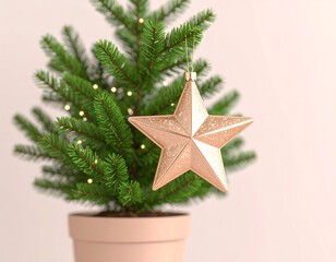 Small Christmas tree in pot, gold star ornament