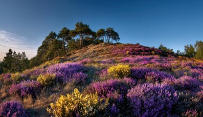 Fototapeta premium Panoramic view of a hilltop covered in vibrant purple and yellow heather, with pine trees