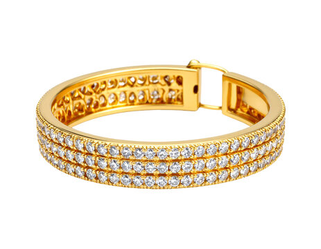 Diamond-studded kada bracelet in yellow gold, isolated PNG
