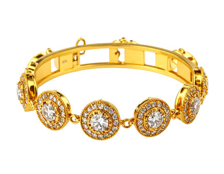 Diamond-studded kada bracelet in yellow gold, isolated PNG