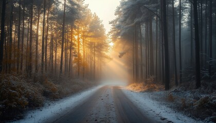 Naklejka premium Stunning Winter Sun Rays Shining Through Trees On A Misty Forest Road. Selective Focus Enhances The High Quality Of This Photo.