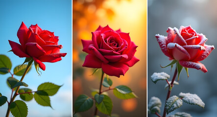 Three vibrant red roses in different natural settings showcasing their beauty and delicate petals