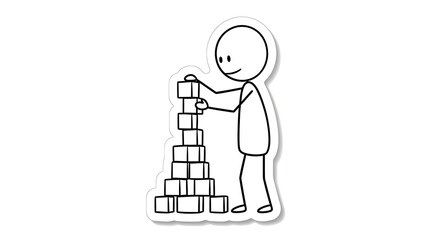Fototapeta premium Focused Stick Figure Doodle Carefully Stacking Blocks to Build a Tower of Success.