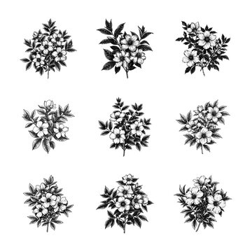 Vintage Flowering Branch - Botanical Floral Engraving Illustration Set