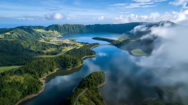 A breathtaking aerial view of a volcanic caldera lake nestled within lush green hills.