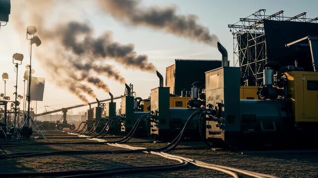 Coordinated activation of multiple diesel generators with visible smoke stacks creating a temporary electrical network for a film production site.