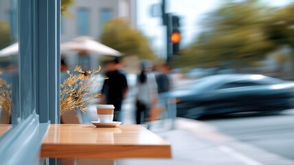 Steaming cappuccino sits on wooden cafe table by window, offering view of blurred foliage fall and pedestrians