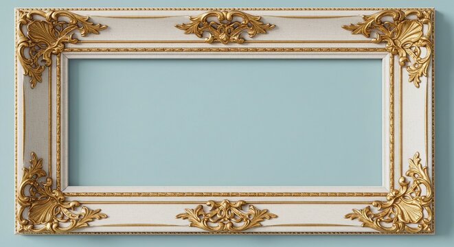 An elegant off-white and gold ornate picture frame with a classic design hangs horizontally on a soft blue wall, perfect for showcasing artwork or photos. - Powered by Adobe