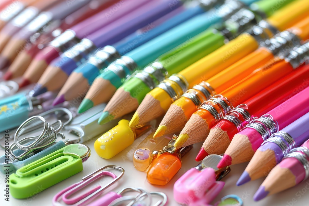 Poster a vibrant close-up of an array of colorful pencils and stationery, arranged in a rainbow pattern for