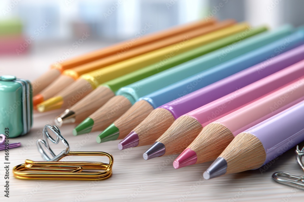 Poster a vibrant array of colored pencils arranged in a rainbow spectrum with paperclips, showcasing a crea