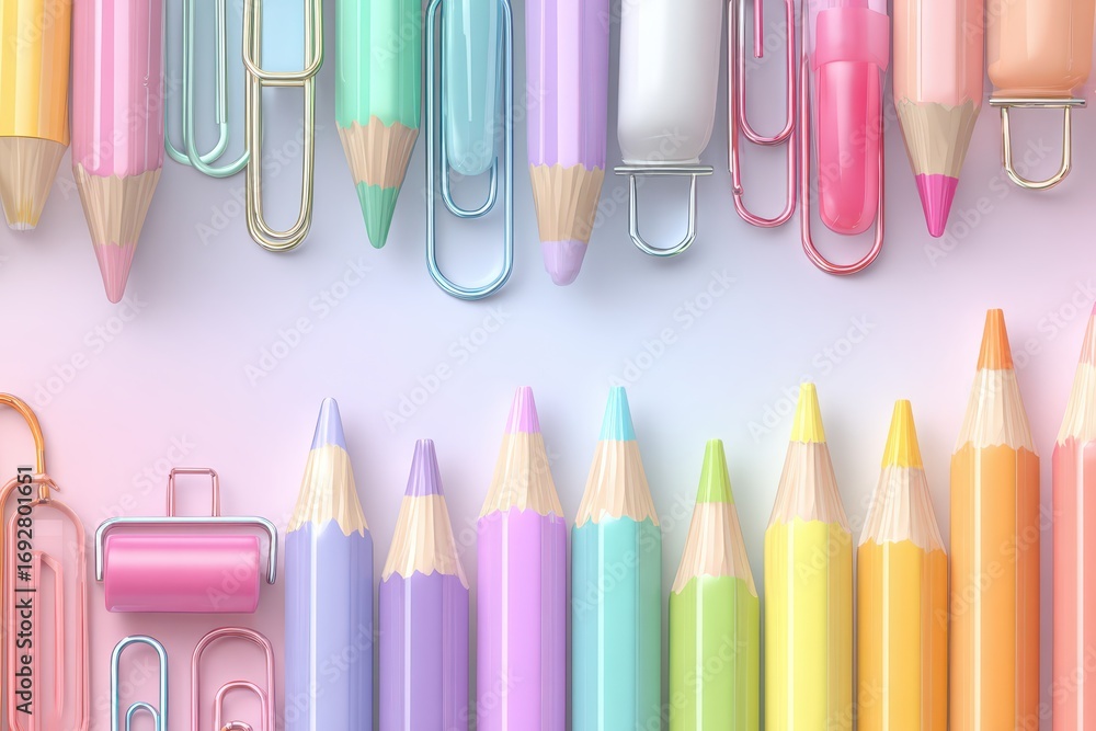 Poster pastel-colored pencils and paper clips arranged on a smooth gradient background, creating a visually