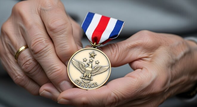 Closeup of a veterans hands holding a medal for military service