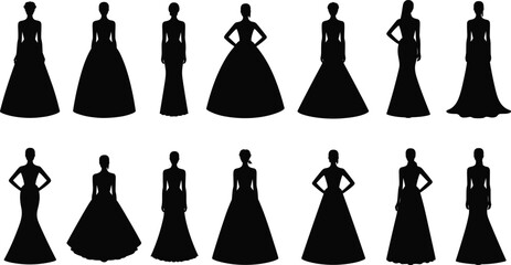 Elegant Female Silhouettes in Long Dresses Collection Vector Illustration Fashion Women in Gowns Standing Poses for Design and Clipart
