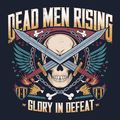 Vector Bold skull illustrations with crossed swords, wings, shields, and flaming elements. Gothic and warrior-inspired vector art featuring chains, bones, and dramatic . Perfect for t-shirt prints,