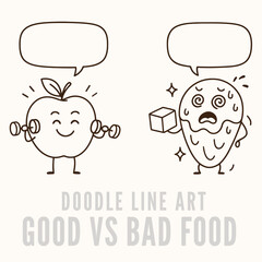  Funny Good vs Bad Food Doodle Vector Apple Workout vs Ice Cream Cartoon with Speech Bubbles