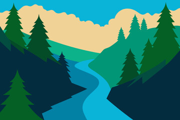 Fototapeta premium Stylized landscape with a winding river flowing through evergreen trees and hills