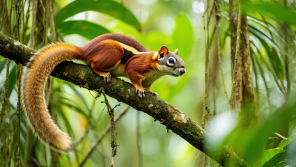 Obraz premium A Striking Rufous-backed Squirrel Posing on a Mossy Branch in a Lush Rainforest, Showcasing its Vibrant Fur and Alert Expression Amidst Dense Greenery and Sunlight