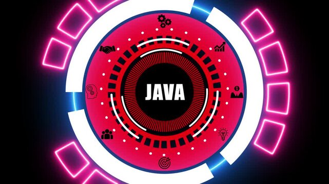 Abstract Digital HUD with JAVA Text and Tech Icons on Dark Background technology interface