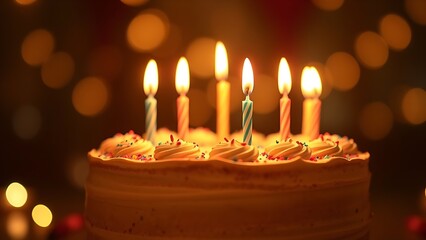 Birthday cake with glowing candles creating warm festive atmosphere, representing celebration culture and milestone moments, ideal for event planning and party supply marketing