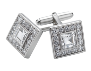 Luxury platinum cufflinks with square-cut diamonds, isolated PNG