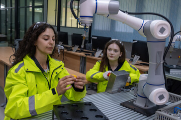 Two young women engage with a robotic arm in a modern engineering lab during a practical training...