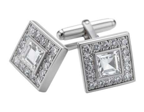 Luxury platinum cufflinks with square-cut diamonds, isolated PNG